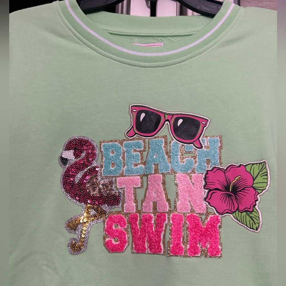 Simply Southern Beach Tan Swim Sequin Sparkly Green Sweatshirt - XL - Picture 5 of 8